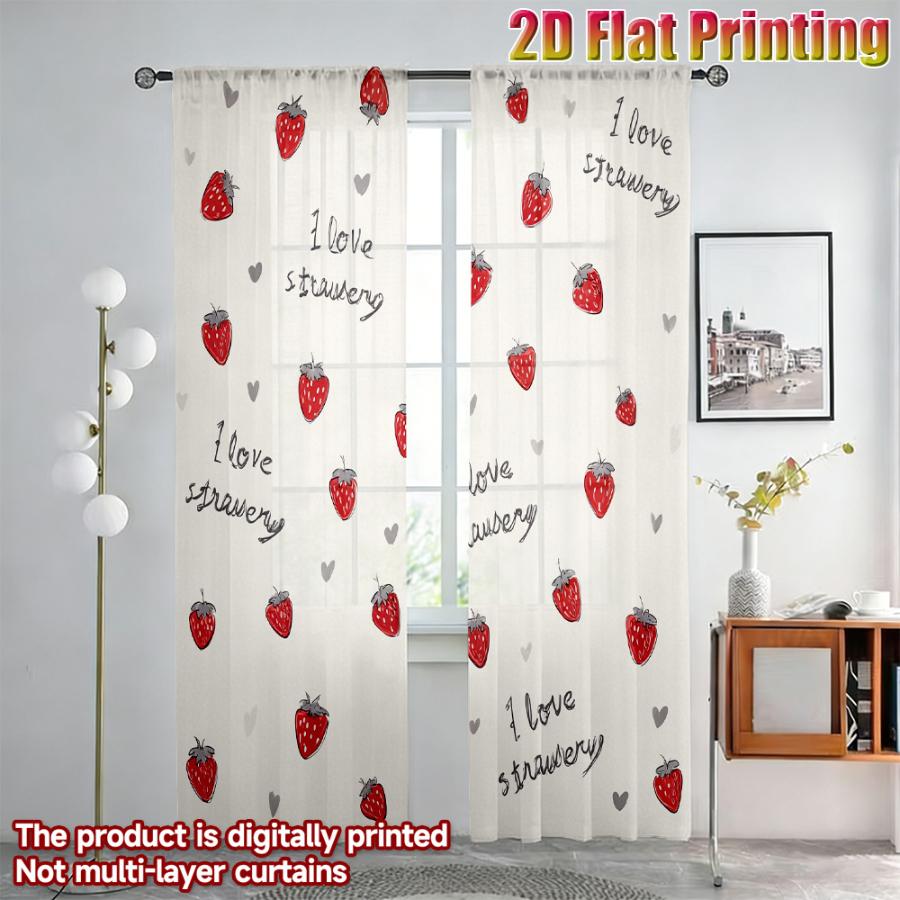 2PCS Digital Print Sheer Curtain, I Love Strawberry, Sweet Cute Fruit Berry Red - Voile Drapes for Bedroom Living Room Decor
