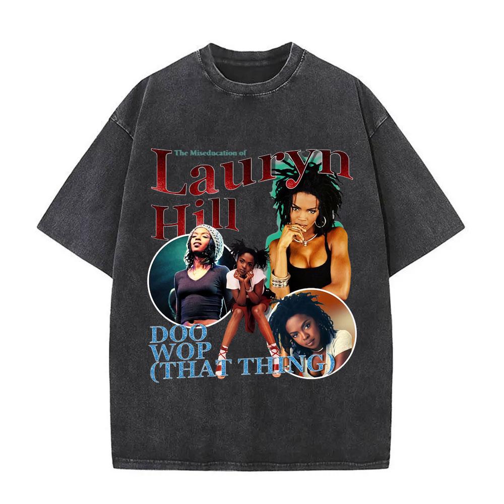 Washed Vintage Singer Lauryn Hill Graphic Print Tshirt Men Women Clothing Hip Hop Fashion Street Oversized Crewneck Tee Shirts