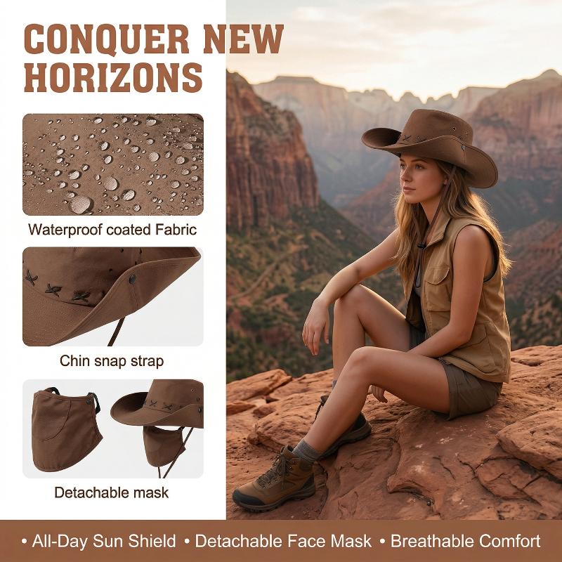 Breathable Western Cowboy Hat Solid Color Adjustable Wide Brim Sun Hat Outdoor Mountaineering Fisherman Sunshade Cap Travel 1PC