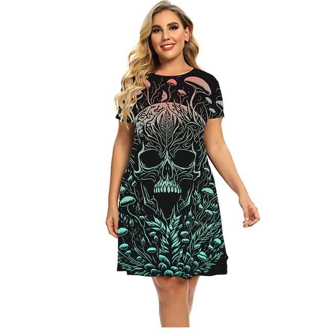3D Digital Printing Dresses Women s Summer Short-sleeved O-neck Casual Loose Dress S