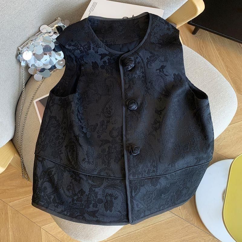 Vintage Chinese Jacquard Vest Jacket Women Spring Summer Rose Button Sleeveless Waistcoat Chic Female Top