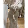 French waist slim flared sleeve hip wrap fishtail skirt long dress women's gentle wind collar lace temperament dress