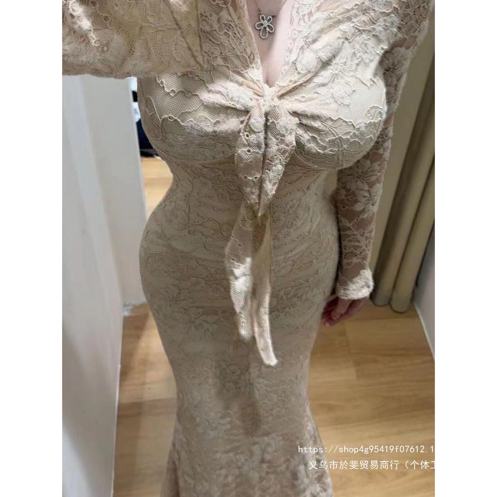 French waist slim flared sleeve hip wrap fishtail skirt long dress women's gentle wind collar lace temperament dress