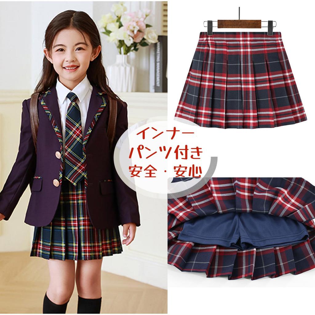 Chickiddos Pleated Skirt for Student Skirt with Inner JK High School School Navy Blue with Red Size 120 Girls, Uniform, Kids, Juniors, Women, A-Line