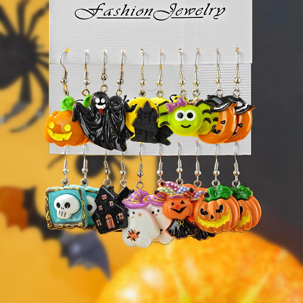 Neues Halloween Niedlich Lustig Kürbis Fledermaus Geist Schwarze Katze Spinne Hexenhut Harz Anhänger Ohrringe Halloween Geschenkset
