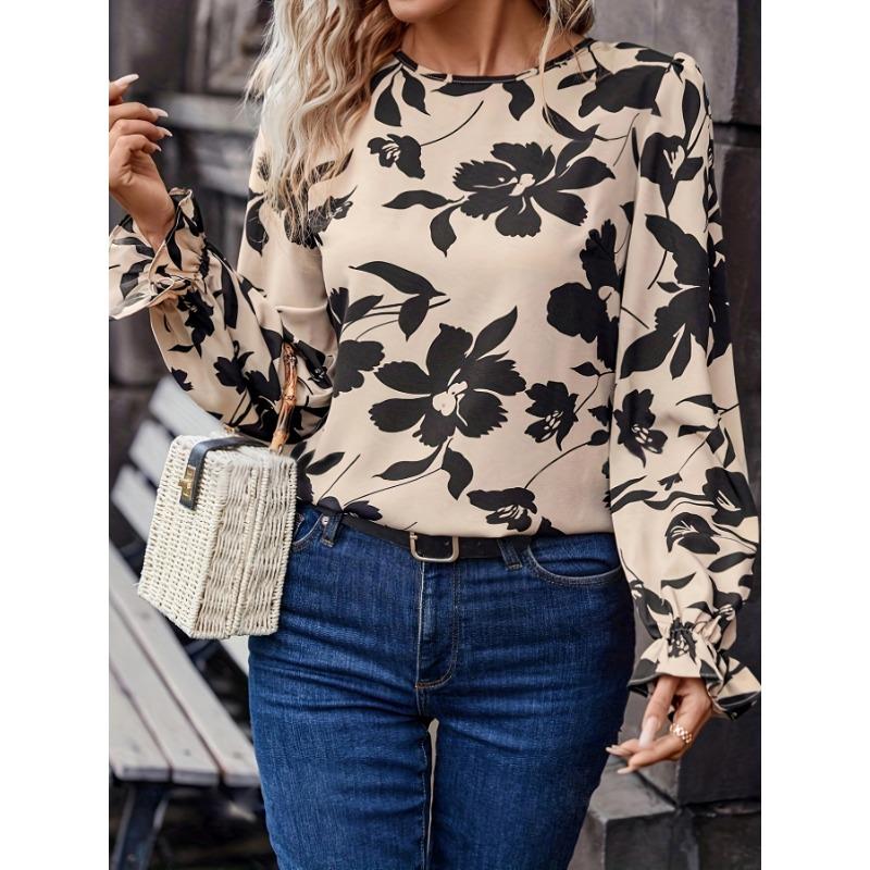 JKASHDK Women's Fashion Casual Spring Autumn Flower Pattern Print Long Sleeve O-Neck Blouses & Shirts
