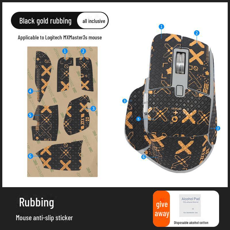

Набор наклеек для мыши Logitech MX Master 3S с противоскользящим покрытием и впитыванием пота anti-slip sticker, full package, 1 piece чёрный/золотой