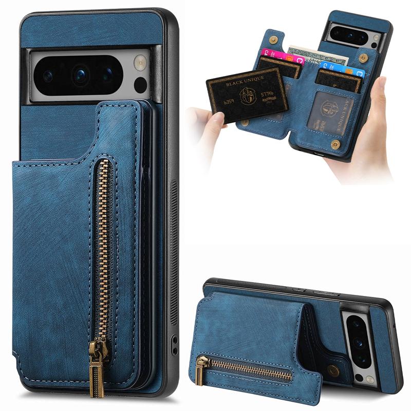 Retro Skin Wallet Back Cover for Redmi Note 13/K70/K70E/K70 Pro, for Google Pixel 9 Pro Card Slots Zipper Style case Cover