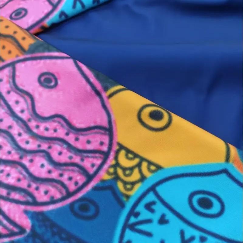 Mens Long Sleeve Blue High Neck Rash Guard With Colorful Fish Print Beach Swimming Surfing