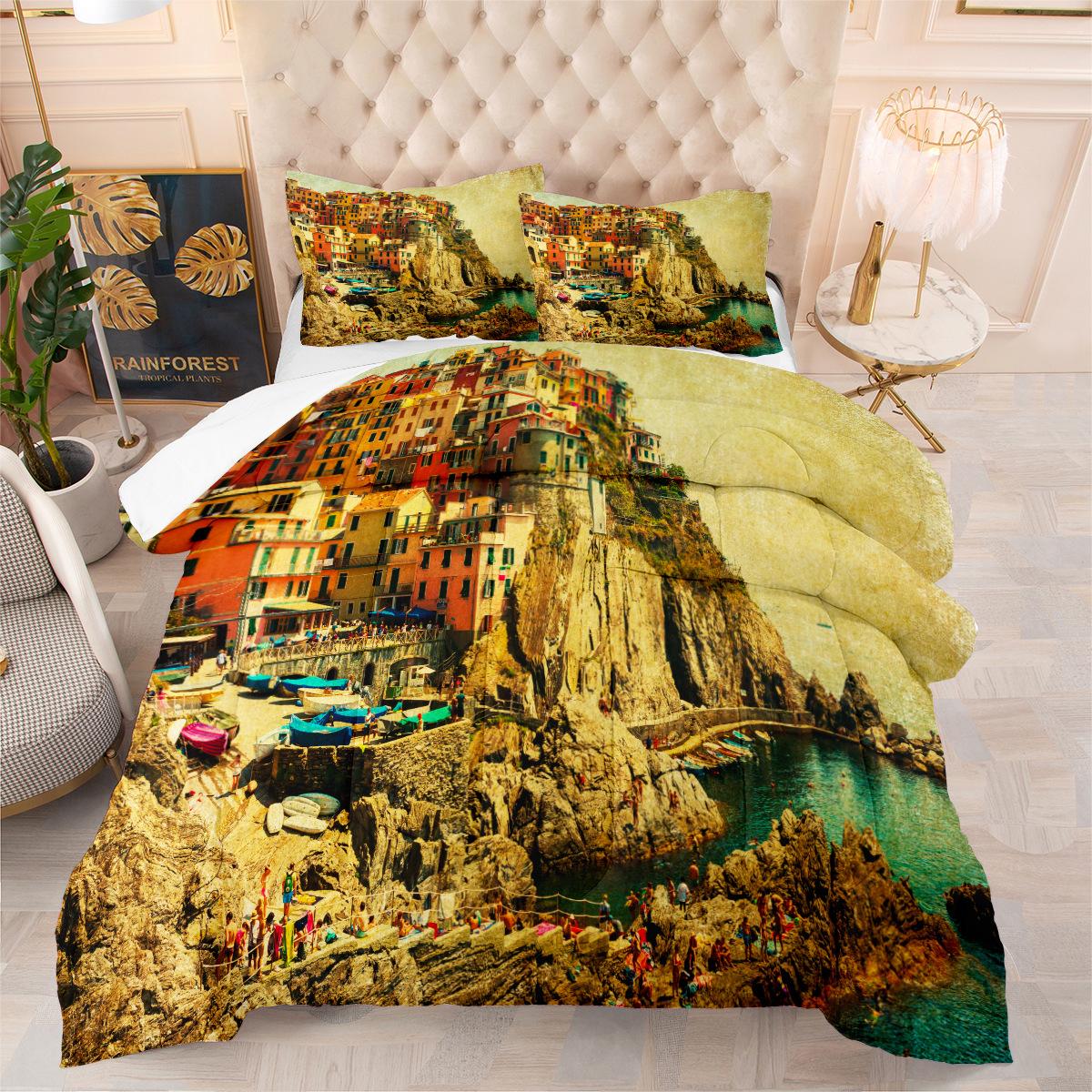 Three-piece Digital Printing Quilt Cover Set with Seaside City Scenery 140*200cm