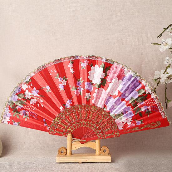 Kinesisk stil Folding Fan Hot Stamping Silke Stoff Håndholdt Fan med gullkanten blomstermønstre