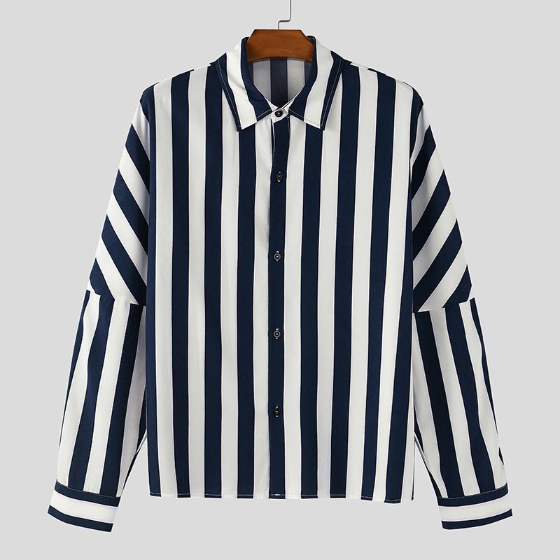 INCERUN Oversized Men Casual Lapel Neck Drop Shoulder Long Sleeve Striped Buttons Shirts Tops