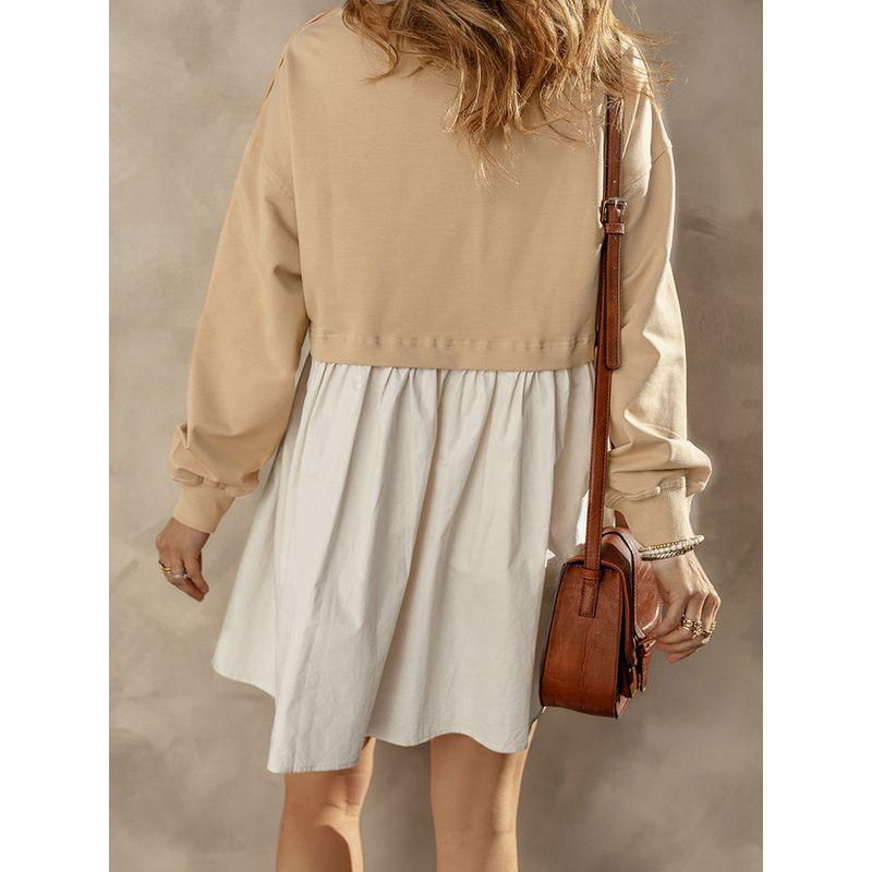 Autumn and Winter New Arrival Contrast Color Heterogeneous Patchwork Long Sleeves Dress Women European and American Leisure Loose Pleated Skirt Women