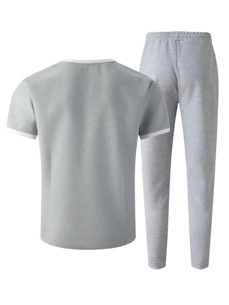 Men's Summer V-neck Waffle T-shirt & Long Pants Streetwear Sports Set