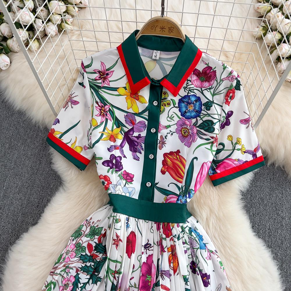 Summer Women European Style Designer Runway Dress Vintage Print Turn-down Collar Shirt Party Dresses
