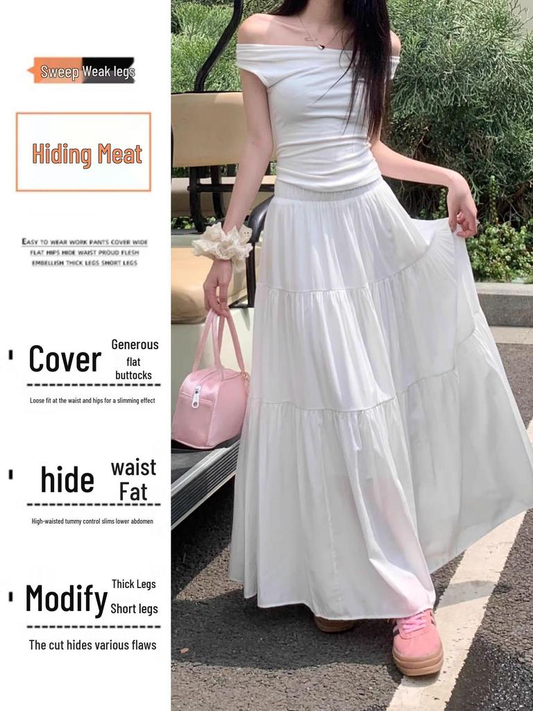Plus Size Autumn White Pleated Midi Skirt for Women