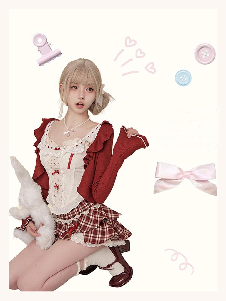 XHSUKADO Christmas and Mini Skirt with Lace Long and Ruffles for a French Tiered Red and Size Women's 3-Piece Set Cardigan, Vest, Ribbons. Sleeves,