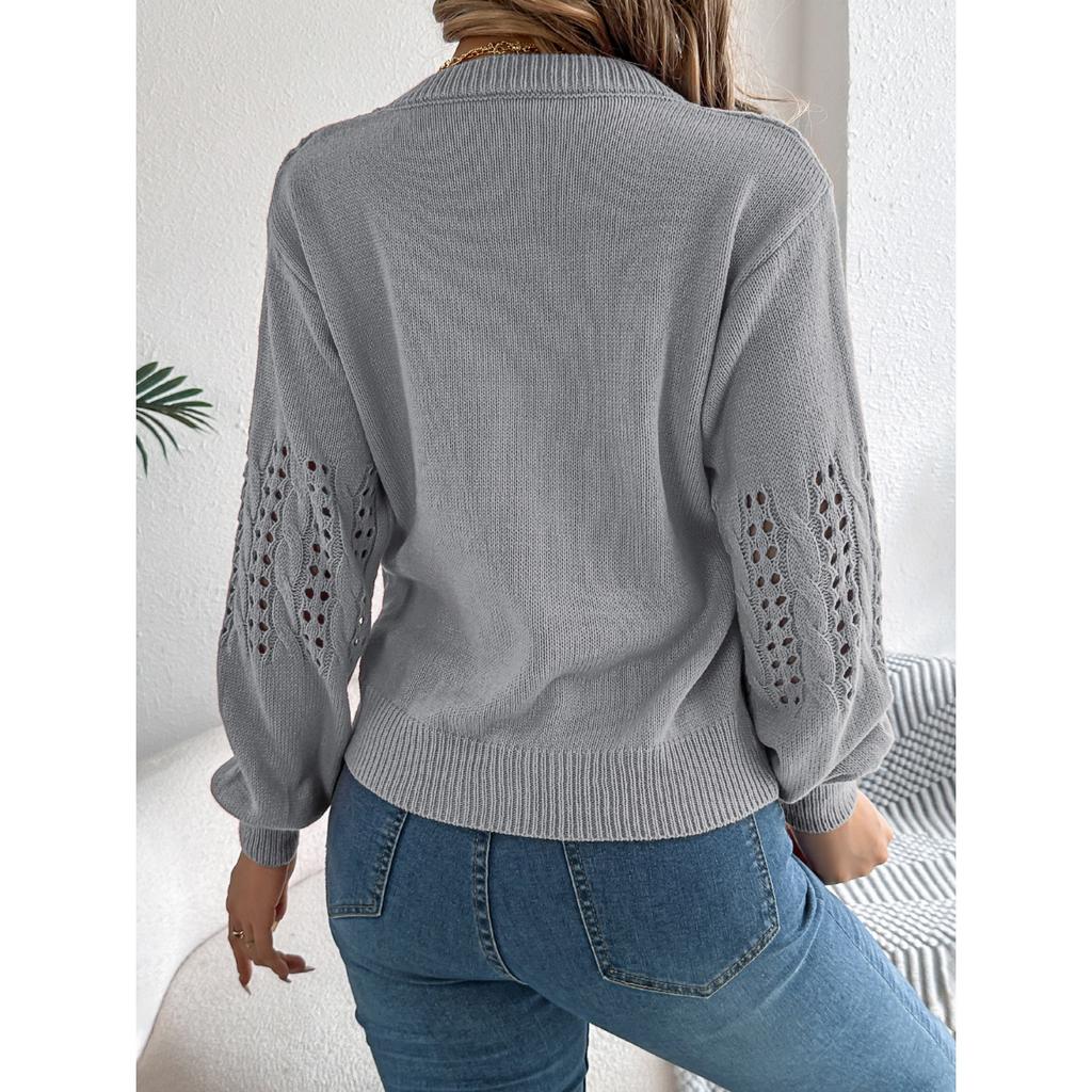 GMXIA Autumn and Winter Casual Solid Color Hollowed-out Lantern Sleeve Pullover Sweater Women's Wear
