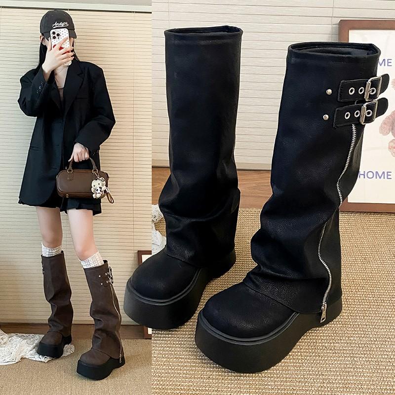 

Fashion Retro Wide Tube Boot Women s Personality Small Size Long Boot Thick Bottom Heightening Fat MM Knight Boot PU Material Round Toe 35 чёрный