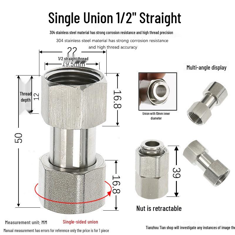 304 Stainless Steel Swivel Union Female Thread Pipe Fitting, Double Female Thread, 6 Points, 4 Points, 1 Inch, for Water Meter/Pump
