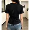 Women V Neck Wrap Front Drawstring Side Short Sleeve Slim Fit Casual T Shirt Tops