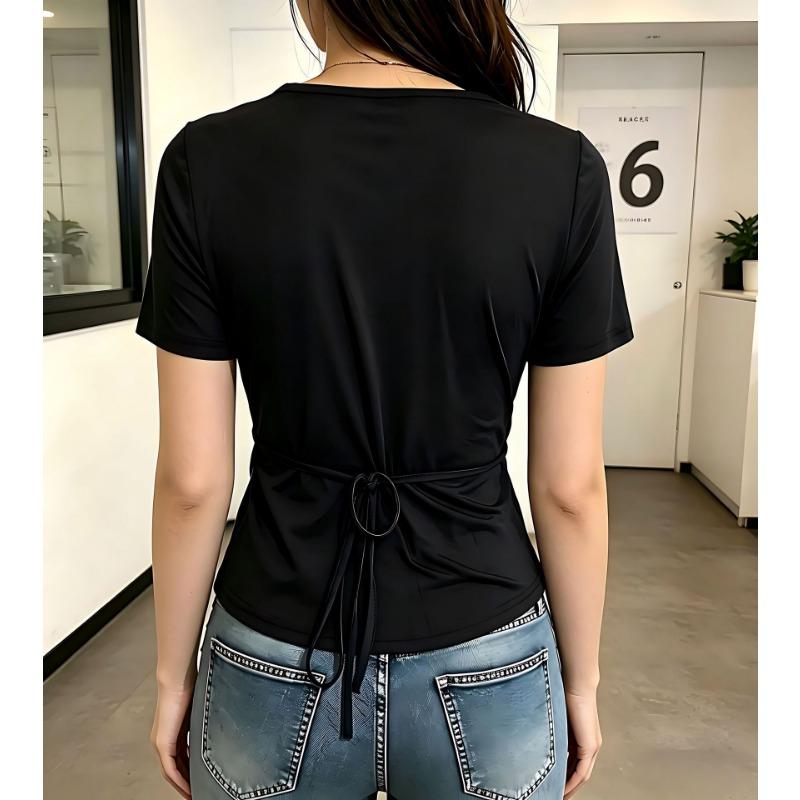 Women V Neck Wrap Front Drawstring Side Short Sleeve Slim Fit Casual T Shirt Tops