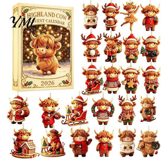 Cute Cat Rabbit Ornaments 24 Days Christmas Advent Calendar 2026, 2D Acrylic Reading Cats/Dogs/Forest Animals Surprise Unboxing Gift Ornament