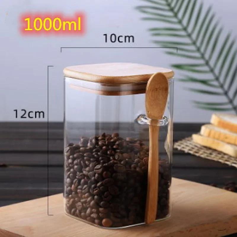 1000/1200/1500mL Square Sealed Glass Storage Jar with Spoon and Bamboo Lid Coffee Bean Grain Seasoning Food Storage Containers