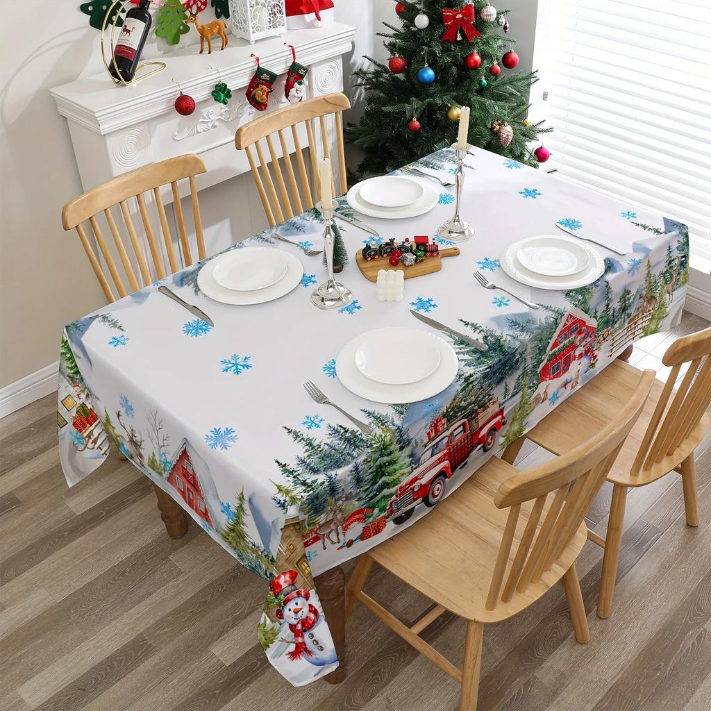 Full of Christmas Atmosphere with Snowman Gnomes and Other Elements Winter Party Tablecloth, Polyester Material, Rectangular