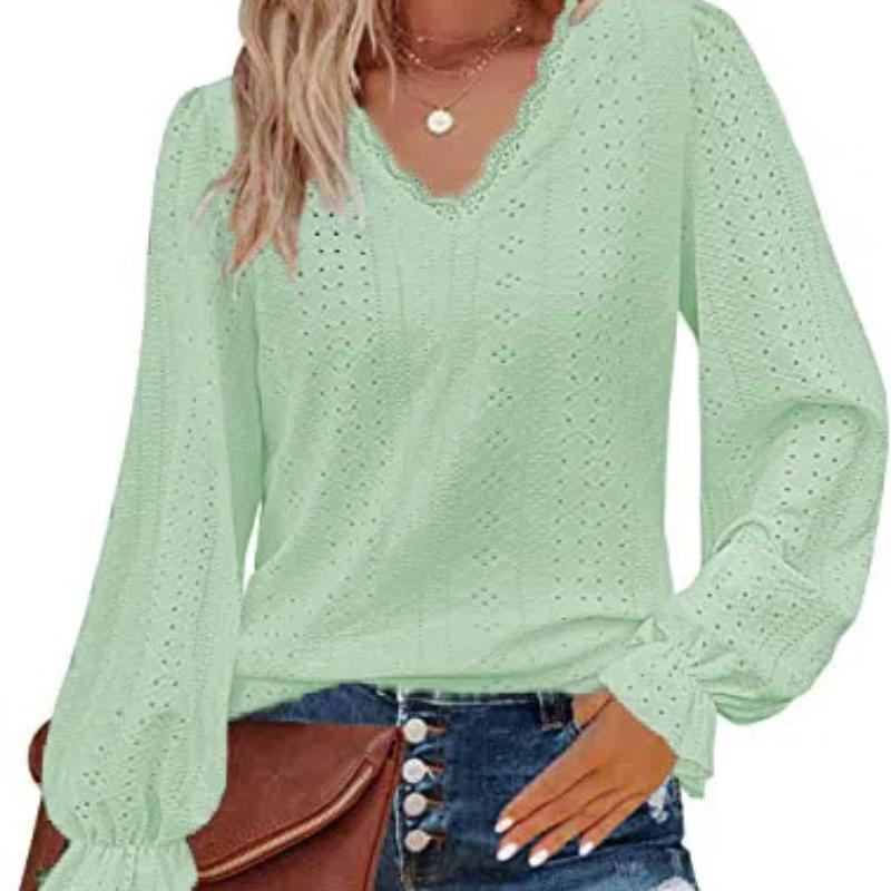 Women's Lace V Neck Puff Long Sleeve Eyelet Tops Dressy Business Casual Work Shirts Blouses Crochet Hollow Out Blouse Lace Pullover Top S-XXL