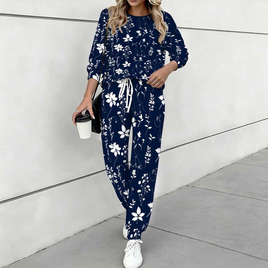Women Floral Print Two Piece Outfit, Long Sleeve Crew Neck Top & Drawstring Jogger Pants Casual Tracksuit for Spring Autumn