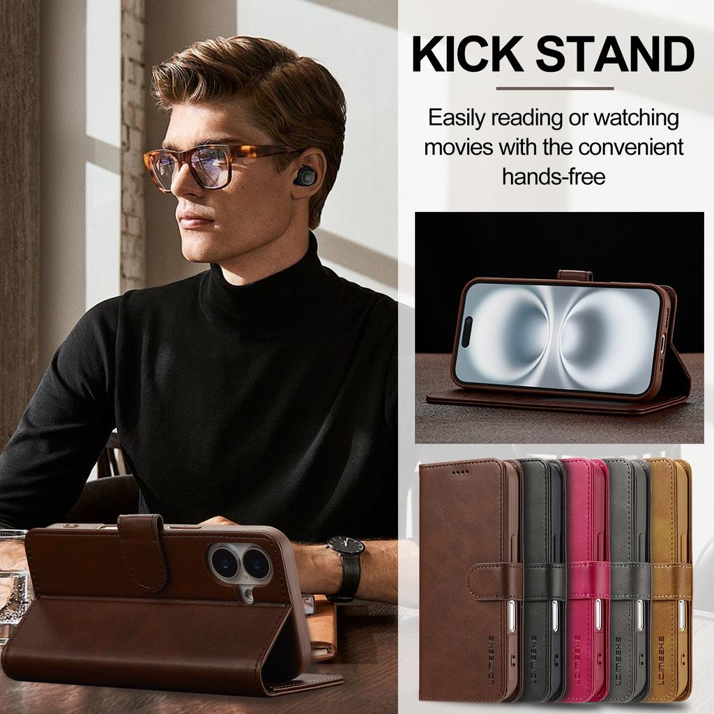 LC.IMEEKE For iPhone 17 Case Calf Texture PU Leather Stand Wallet Phone Cover