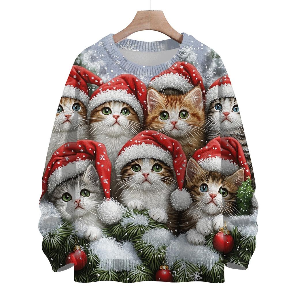 Women's Fashion Round Neck Casual Long Sleeve Christmas Cute Printed Woolen Knit Top