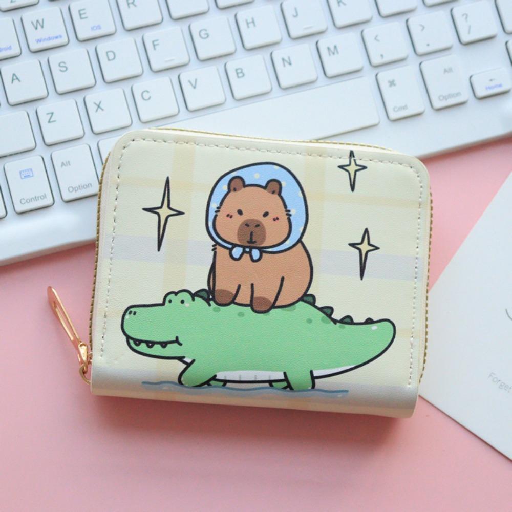 Cute Cartoon Capybara Short Wallet PU Leather Zipper Coin Purse Multi Slot Credit Card Holder Waterproof Storage Bag Key Bag