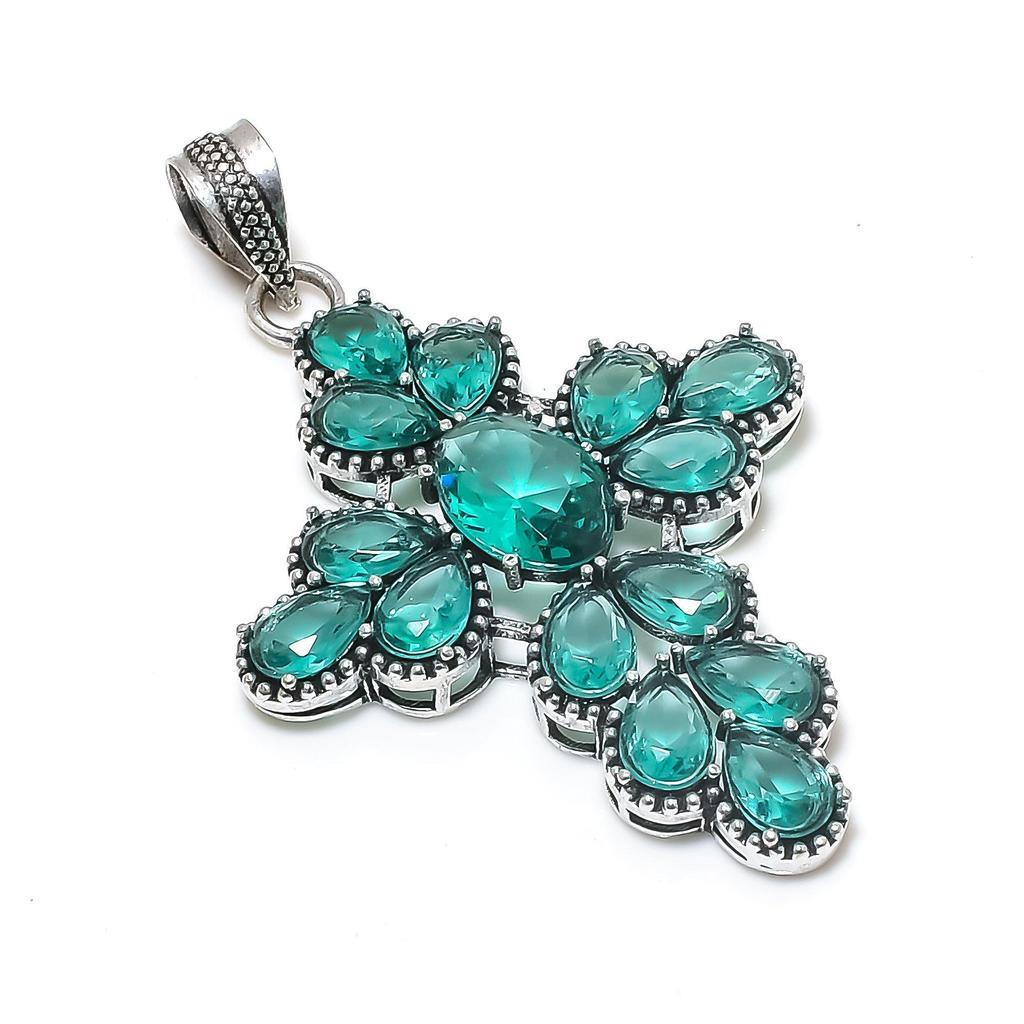 Dainty Aqua Appetite Gemstone Silver Cross Pendant in 925 Sterling Silver - Handmade Pear Design, Everyday Wear Jewelry Gift For Her