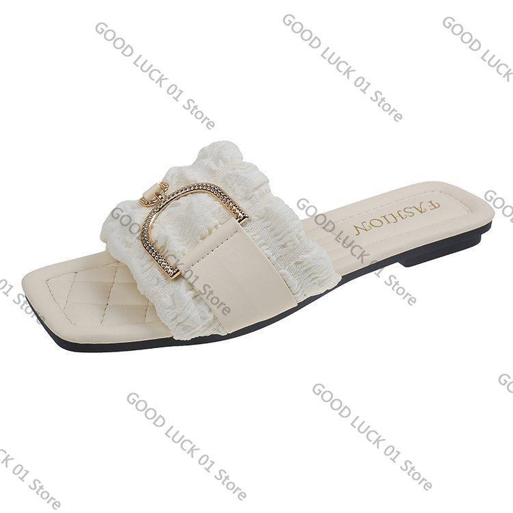 

Fashion Casual Velvet Surface Women s Sandals Summer Outdoor Wear Fairy Sle Square Head Flat Bot Slippers Versatile Large Size S... 43 грязно-белый