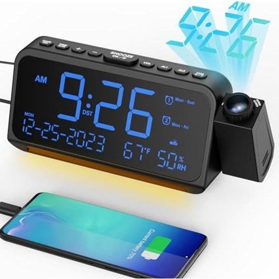 Digital Clock Wall Projection Ceiling 350 Angle Compatible 180 Inversion Possible Temperature Humidity Calendar Display 5 Levels Brightness Adjustment