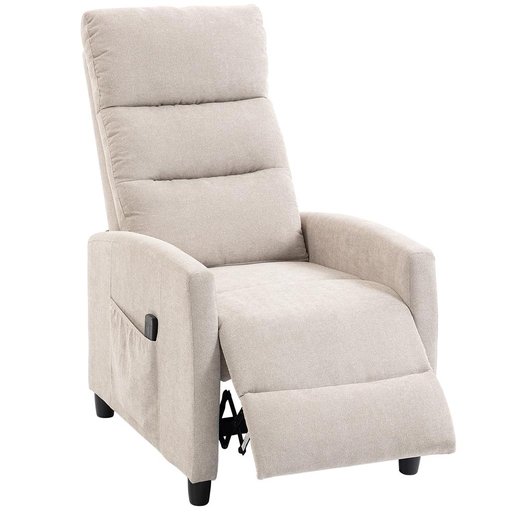 Reclining Massage Armchair With Footrest 2 Massage Zones High Back Pockets Chenilla Upholstery Cream