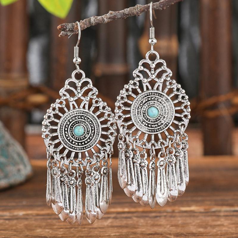 Bohemian Turquoise Dangle Earrings Vintage Silver Tree Of Life Teardrop Spiral Ethnic Drop Earrings For Women Jewelry