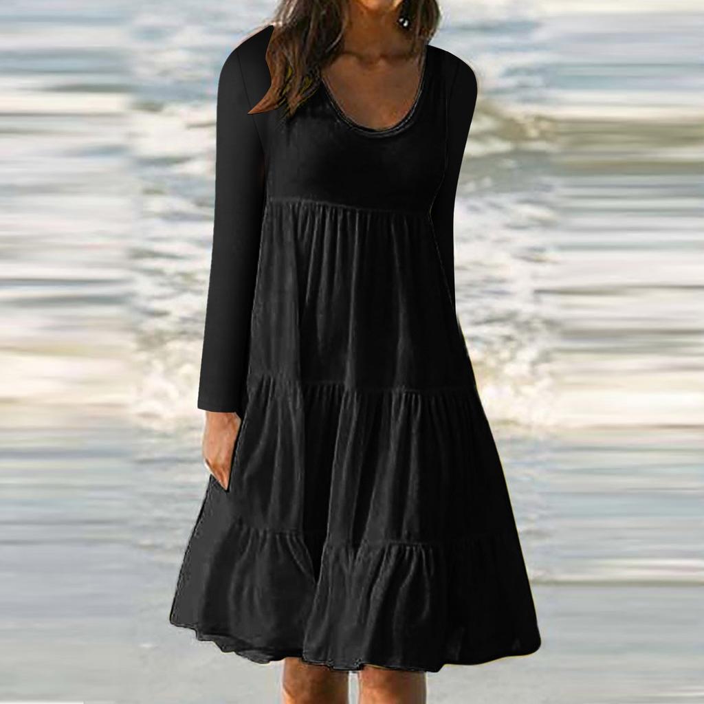 Women's Fashion Long Sleeve Round Neck Color Big Swing Beach Dress
