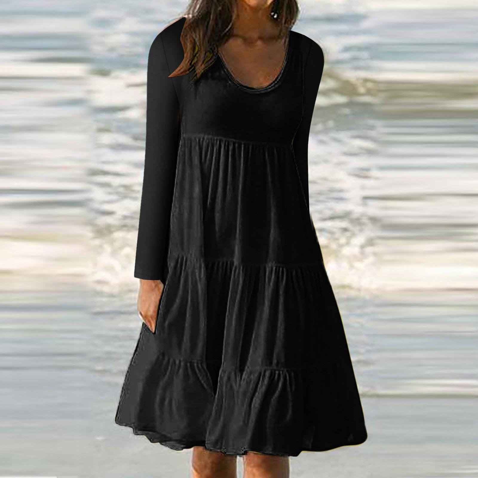 

Women s Fashion Long Sleeve Round Neck Color Big Swing Beach Dress XXL чёрный