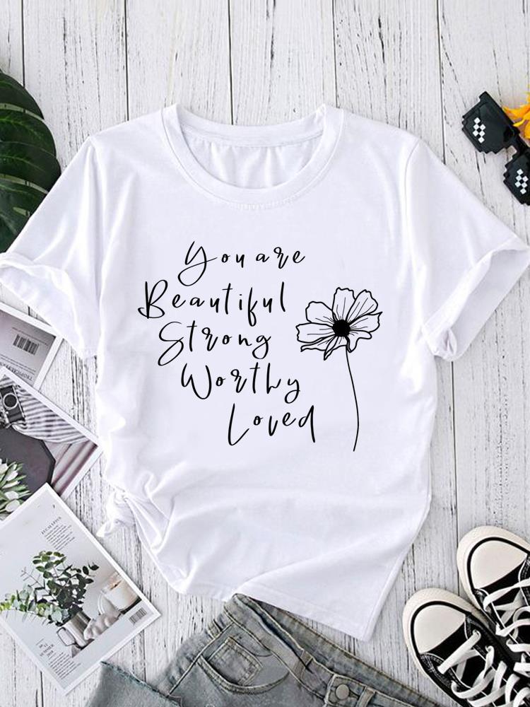 (Asian Size) Love Letter Style Short Sleeve T-shirts Women's Top Print O-neck  Fashion Female Casual T Clothing Graphic Tee