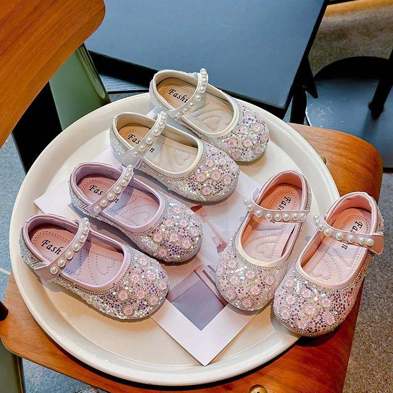 2024 Children Leather Shoes for Girls Summer Autumn New Fashion Soft Sole Comfortable Princess Rhinestone Versatile Dress Shoes