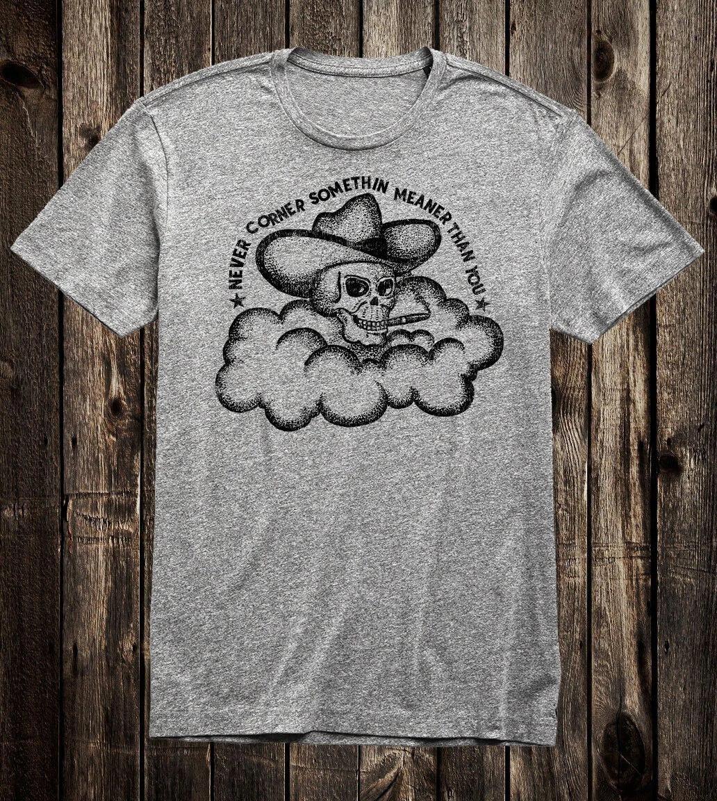 Retro Tattoo Tee T shirt Vtg Art Skull Smoking Cowboy Chopper Biker Prison L