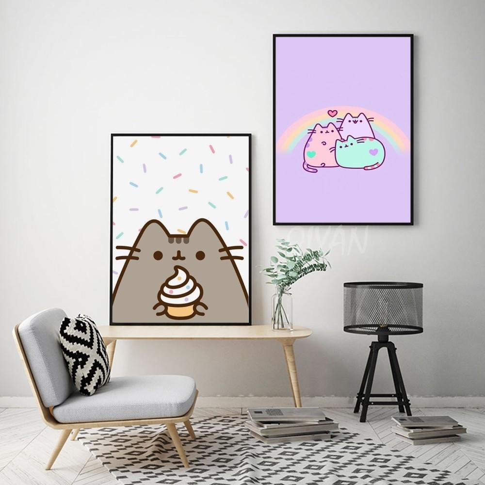 1pc Cartoon P-Pusheen K-Kawai Cat Poster Self-adhesive Art Poster Waterproof Paper Sticker Coffee House Bar Room Wall Decor