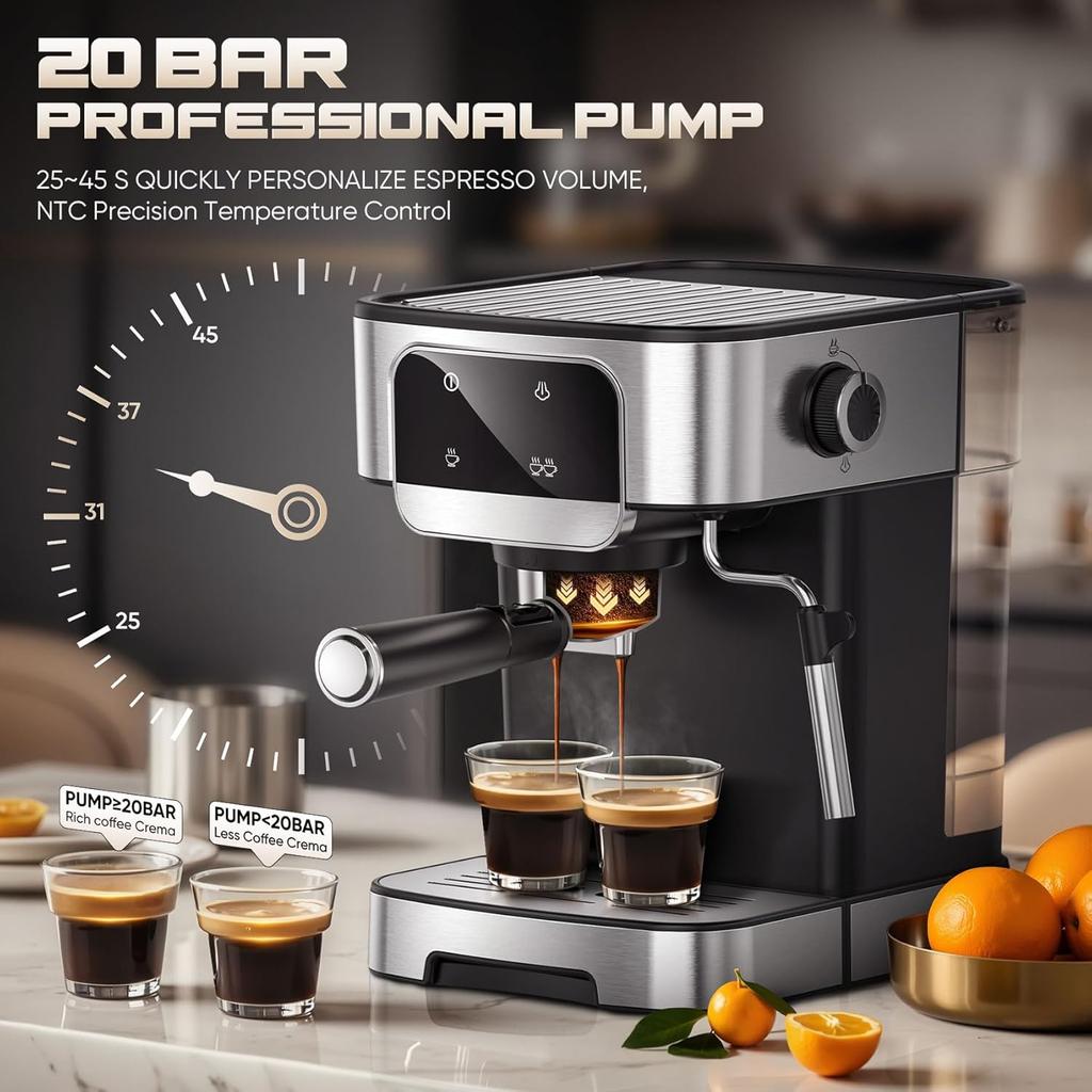 Espresso Machine 20 Bar, Professional with Milk Frother, LED Touch Screen, 61OZ Tank, Compact Home Coffee Maker for Latte & Capp