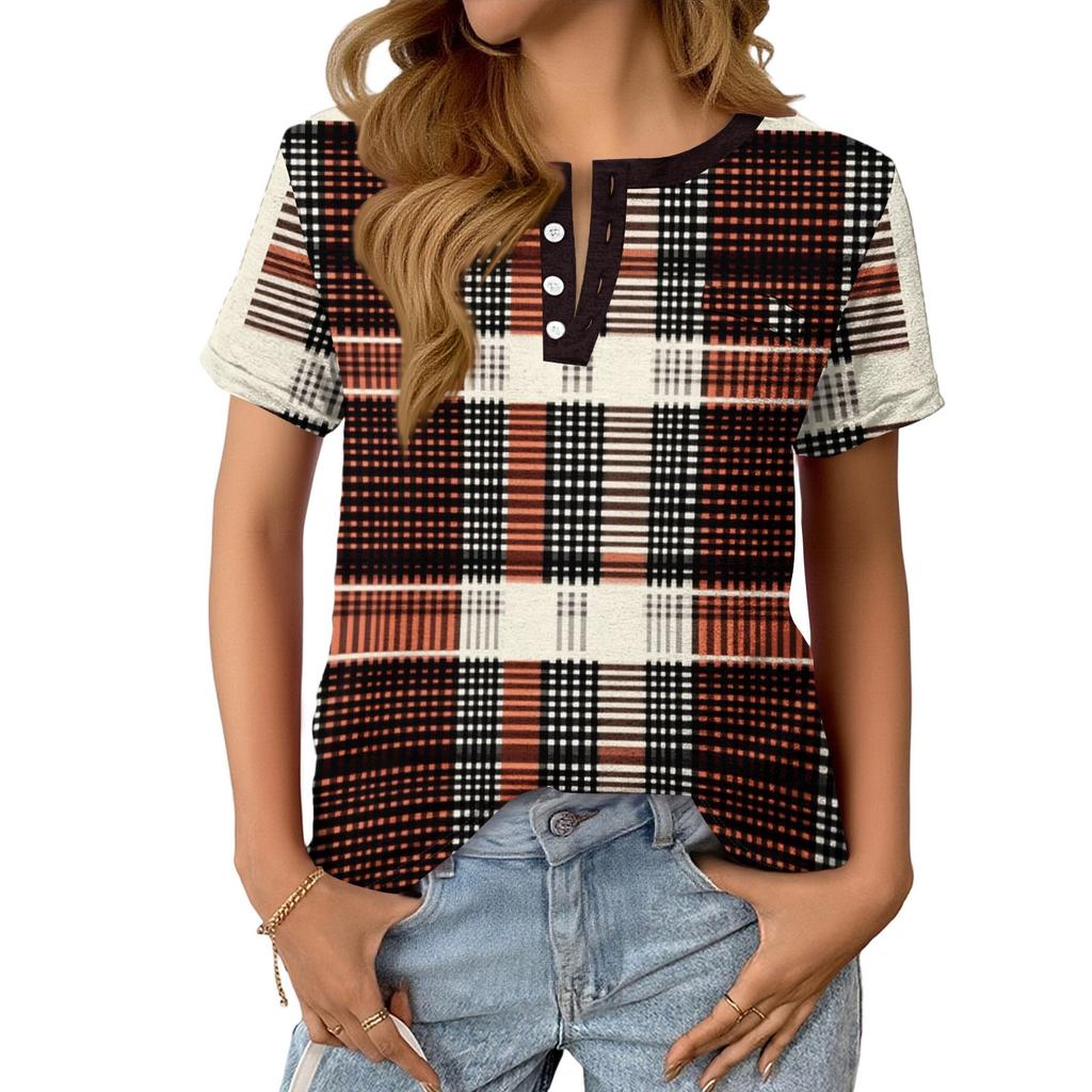 Dámský Módní Ležérní Letní Kostkovaný V-výstřih Knoflíky Krátký Rukáv Top
