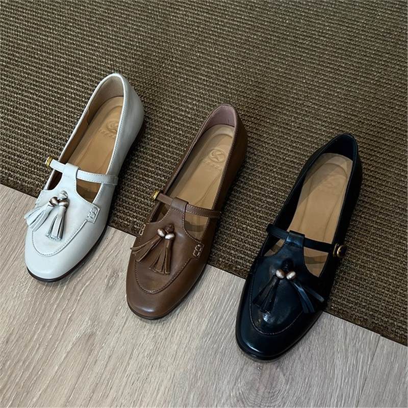 Cowhide Version~ Retro Tassel One-word Buckle Low-heeled Mary Jane Small Leather Shoes Women's Shallow Mouth Shoes Round Head Flat-soled Single Shoes