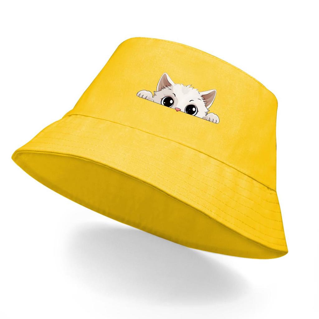 Bucket Hat With White Cat Print , Cartoon Pet Fisherman Hat Spring Lightweight Foldable Beach Hat