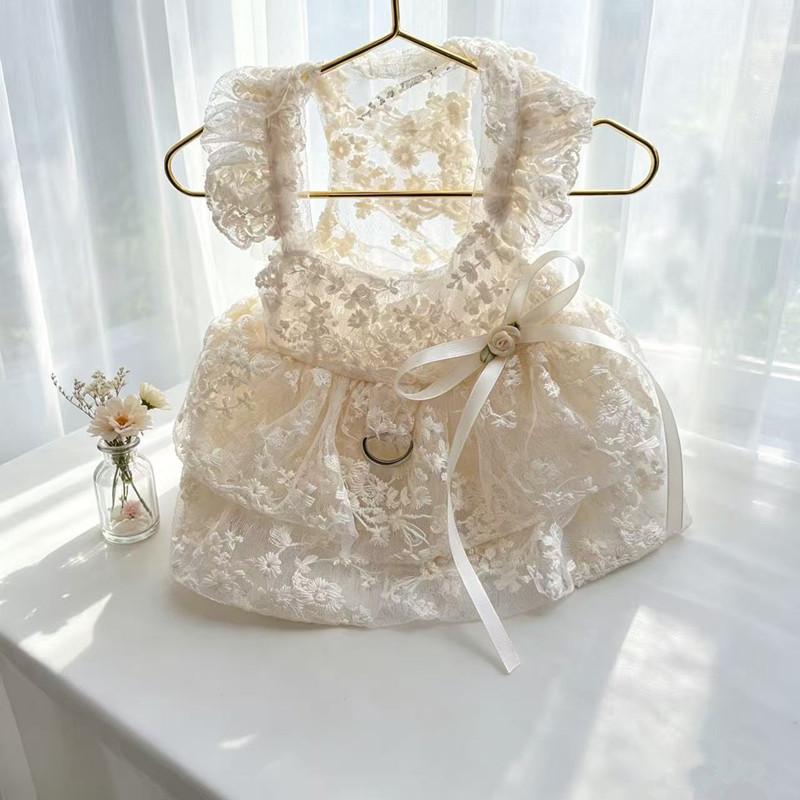 Summer Dog Lace Dress Thin Breathable Cute Embroidered Dog Dress White Mesh Cat and Dog Clothes Small Dog Dress Pet Supplies